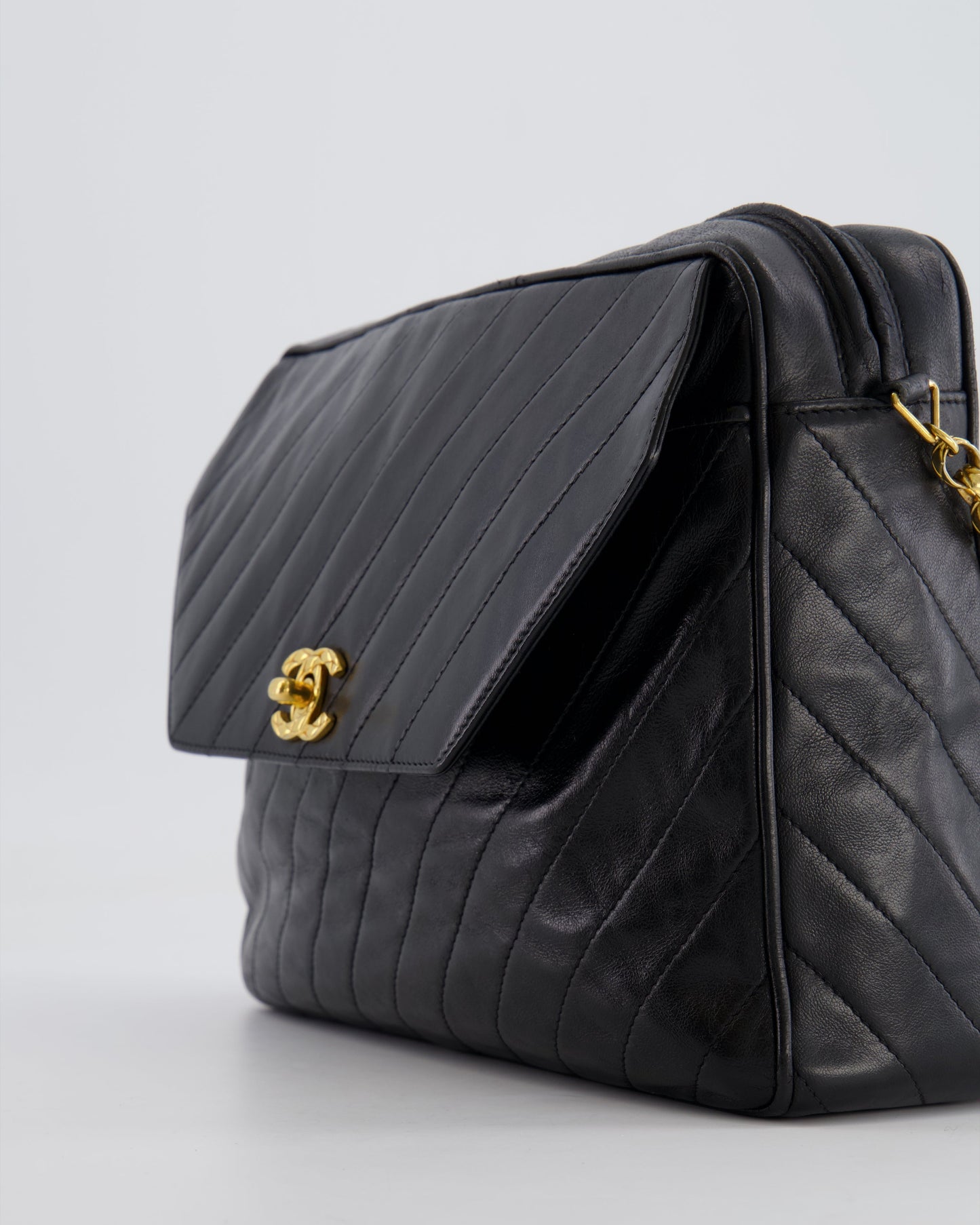 Chanel   Black Large Camera Bag in Lambskin Leather with Front Pocket with 24k Gold Hardware