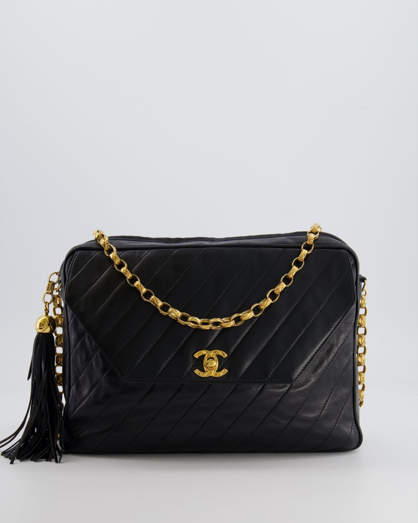 Chanel   Black Large Camera Bag in Lambskin Leather with Front Pocket with 24k Gold Hardware
