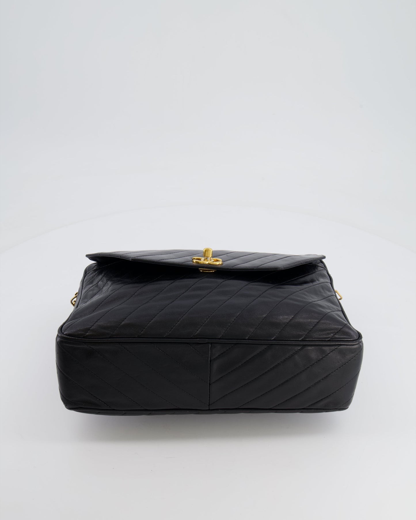Chanel   Black Large Camera Bag in Lambskin Leather with Front Pocket with 24k Gold Hardware