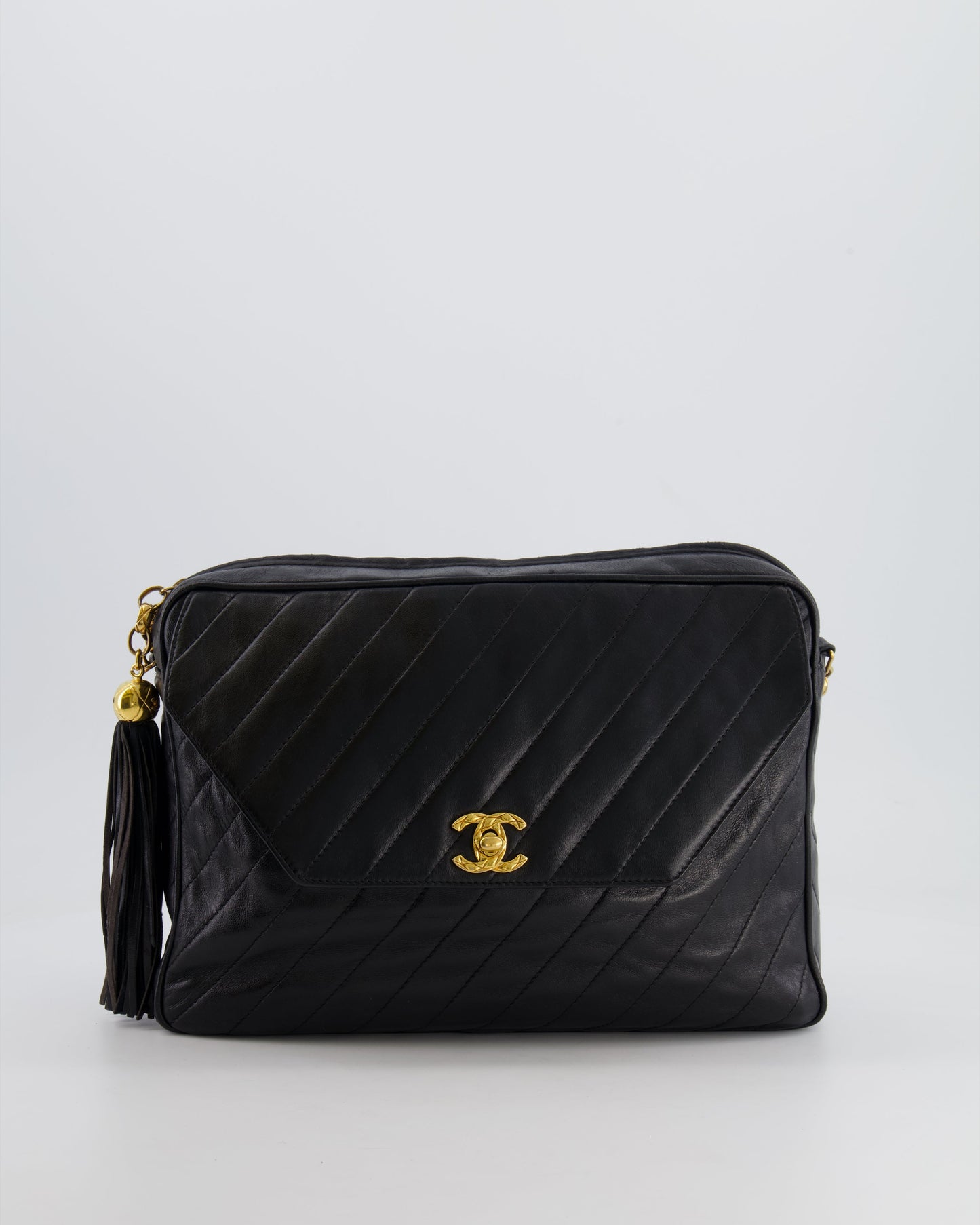 Chanel   Black Large Camera Bag in Lambskin Leather with Front Pocket with 24k Gold Hardware