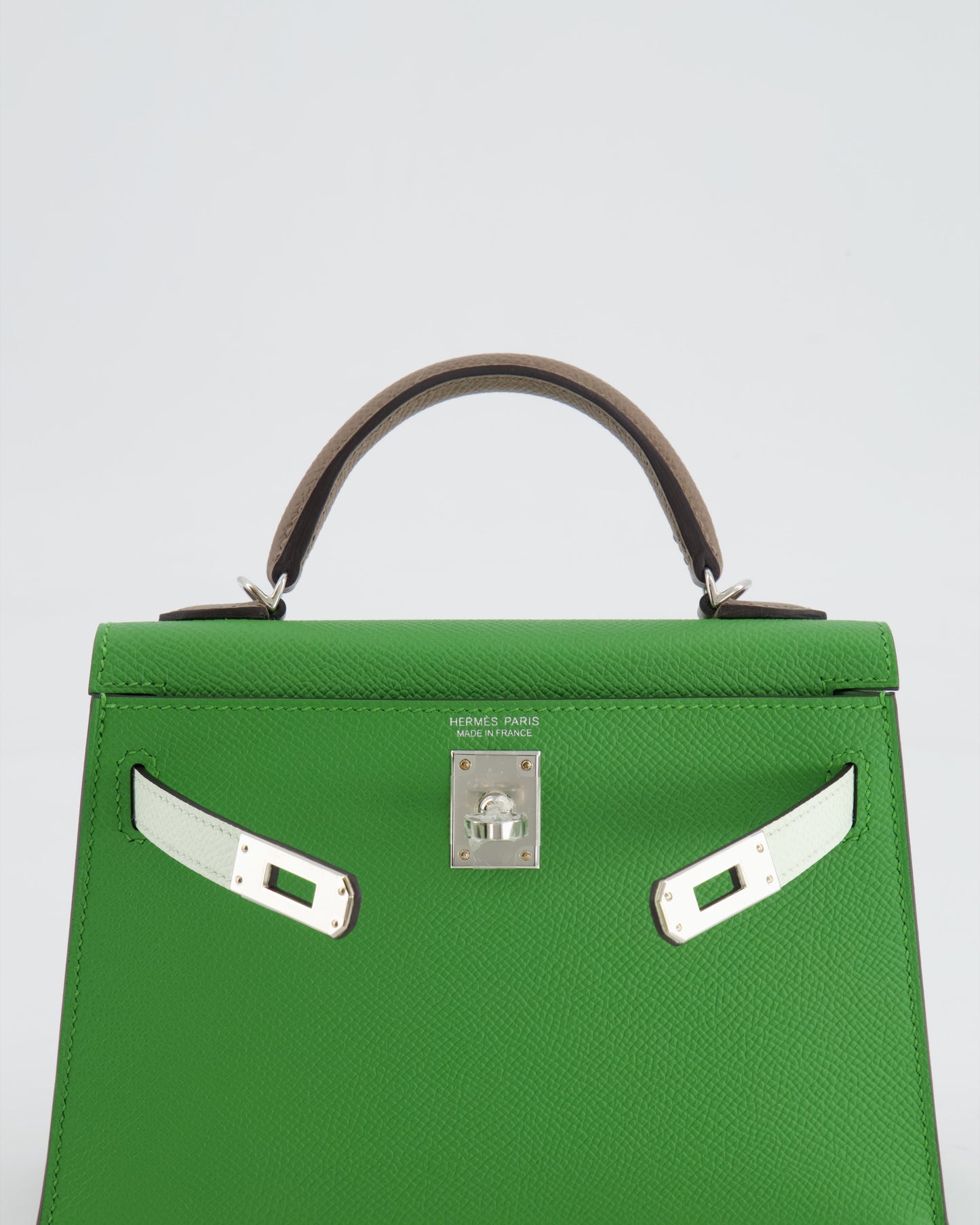 *RARE* Herm�s Mini Kelly II Tricolour 20cm Bag In Vert Yucca, Vert Fizz and Etoupe Epsom Leather with Palladium Hardware
