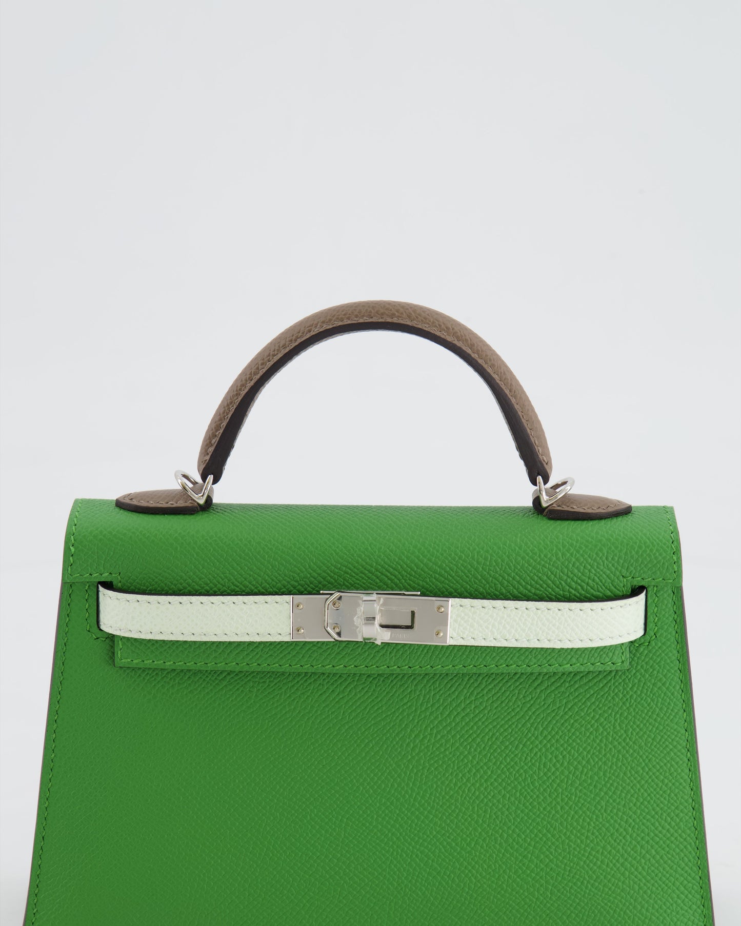 *RARE* Herm�s Mini Kelly II Tricolour 20cm Bag In Vert Yucca, Vert Fizz and Etoupe Epsom Leather with Palladium Hardware