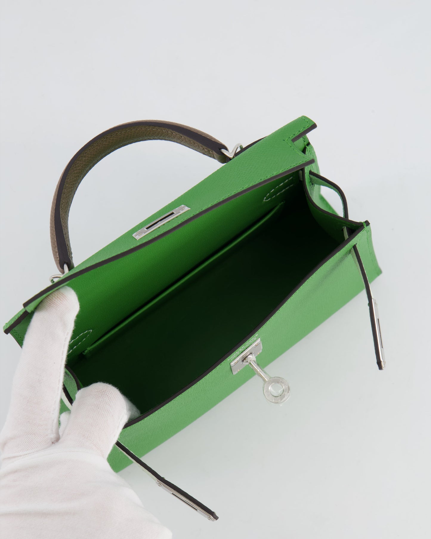 *RARE* Herm�s Mini Kelly II Tricolour 20cm Bag In Vert Yucca, Vert Fizz and Etoupe Epsom Leather with Palladium Hardware