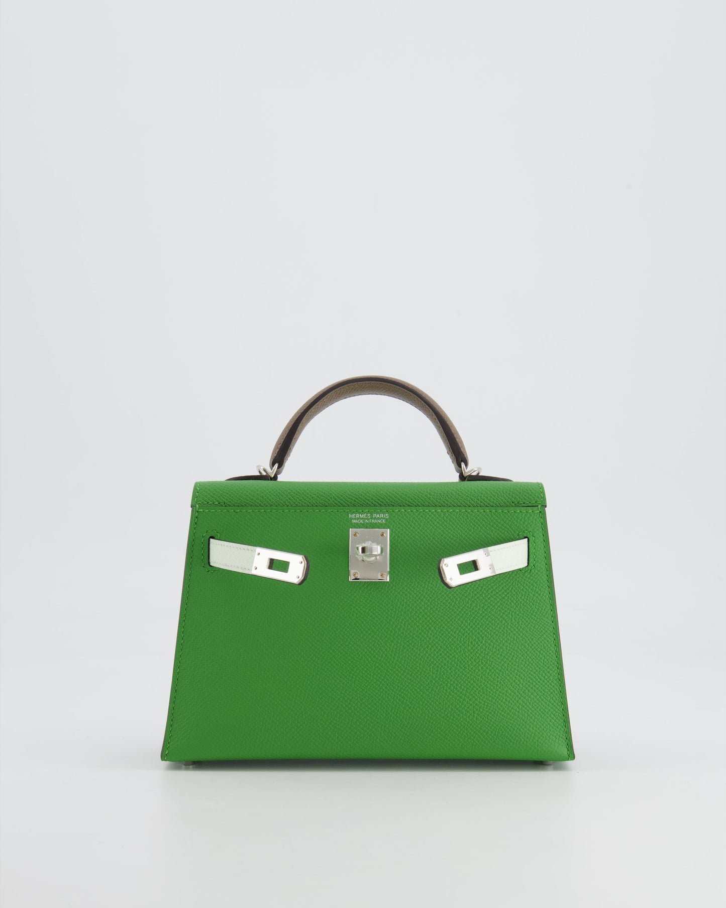 *RARE* Herm�s Mini Kelly II Tricolour 20cm Bag In Vert Yucca, Vert Fizz and Etoupe Epsom Leather with Palladium Hardware