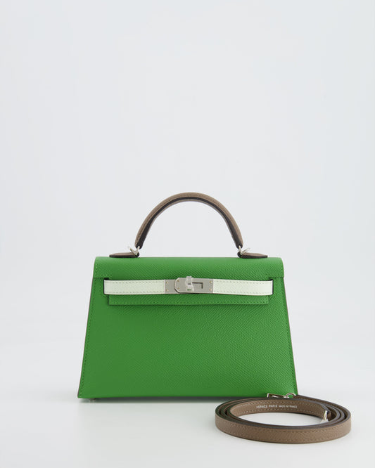 *RARE* Herm�s Mini Kelly II Tricolour 20cm Bag In Vert Yucca, Vert Fizz and Etoupe Epsom Leather with Palladium Hardware