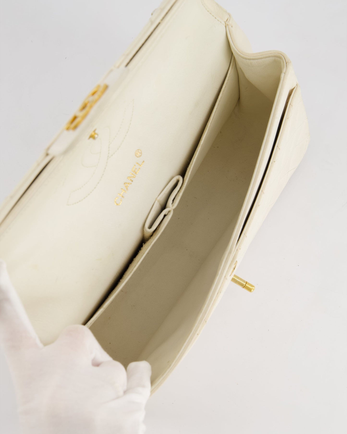 Chanel   White Medium Classic Double Flap Bag in Lambskin Leather with 24K Gold Hardware