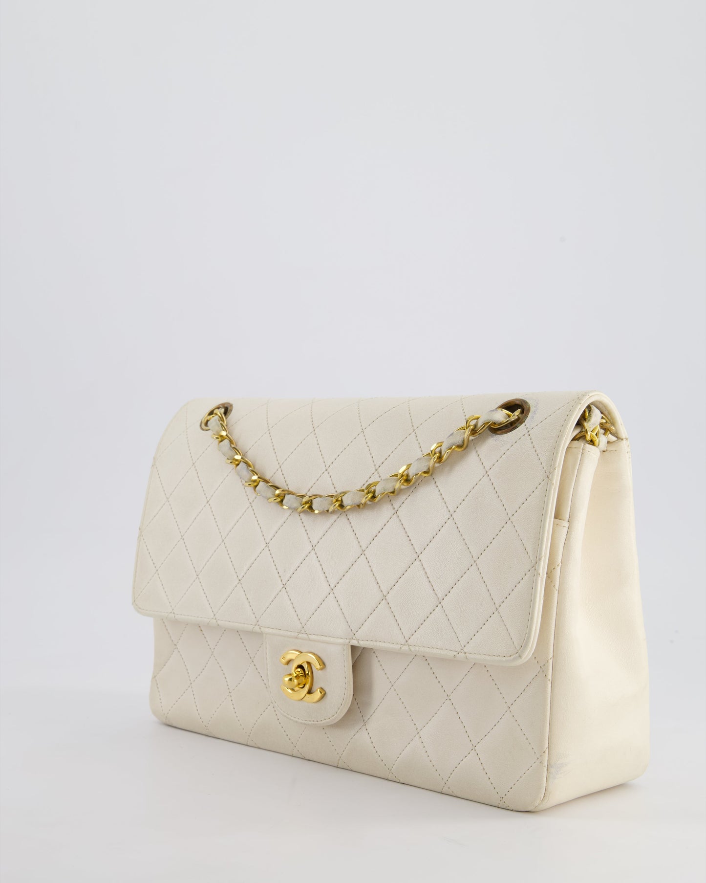 Chanel   White Medium Classic Double Flap Bag in Lambskin Leather with 24K Gold Hardware