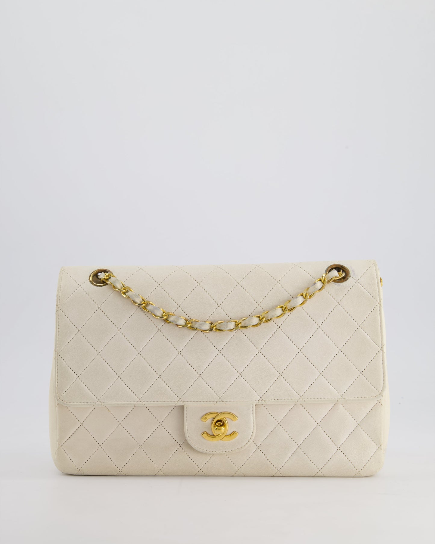 Chanel   White Medium Classic Double Flap Bag in Lambskin Leather with 24K Gold Hardware