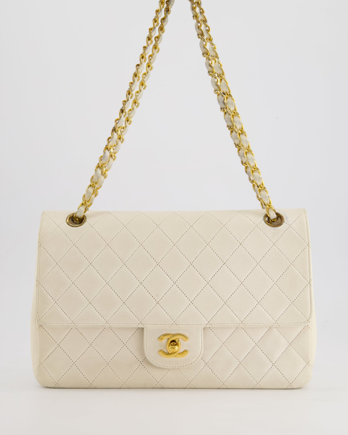 Chanel   White Medium Classic Double Flap Bag in Lambskin Leather with 24K Gold Hardware