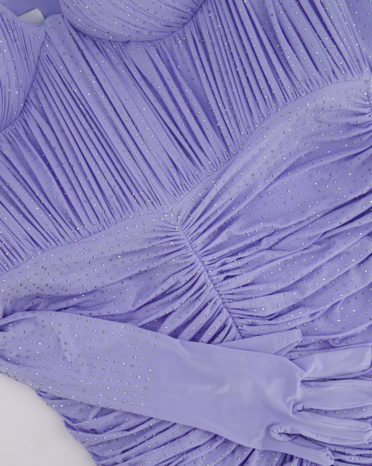Alex Perry Lilac Crystal Embellished Ruched Jersey Midi Dress with Matching Gloves FR 42 (UK 14)