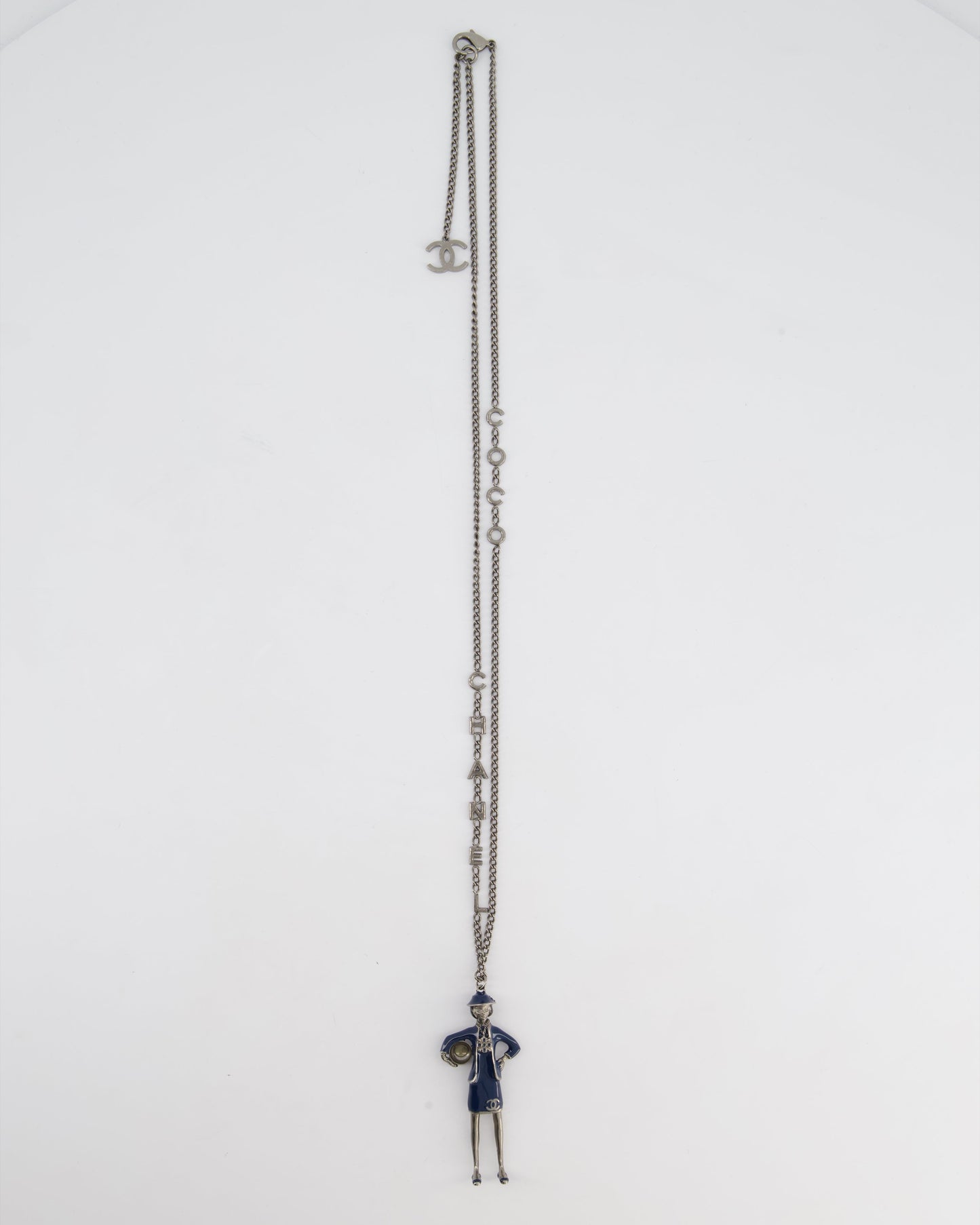 *HOT* Chanel Grey Mademoiselle Doll Charm Necklace with COCO & CHANEL Chain Details