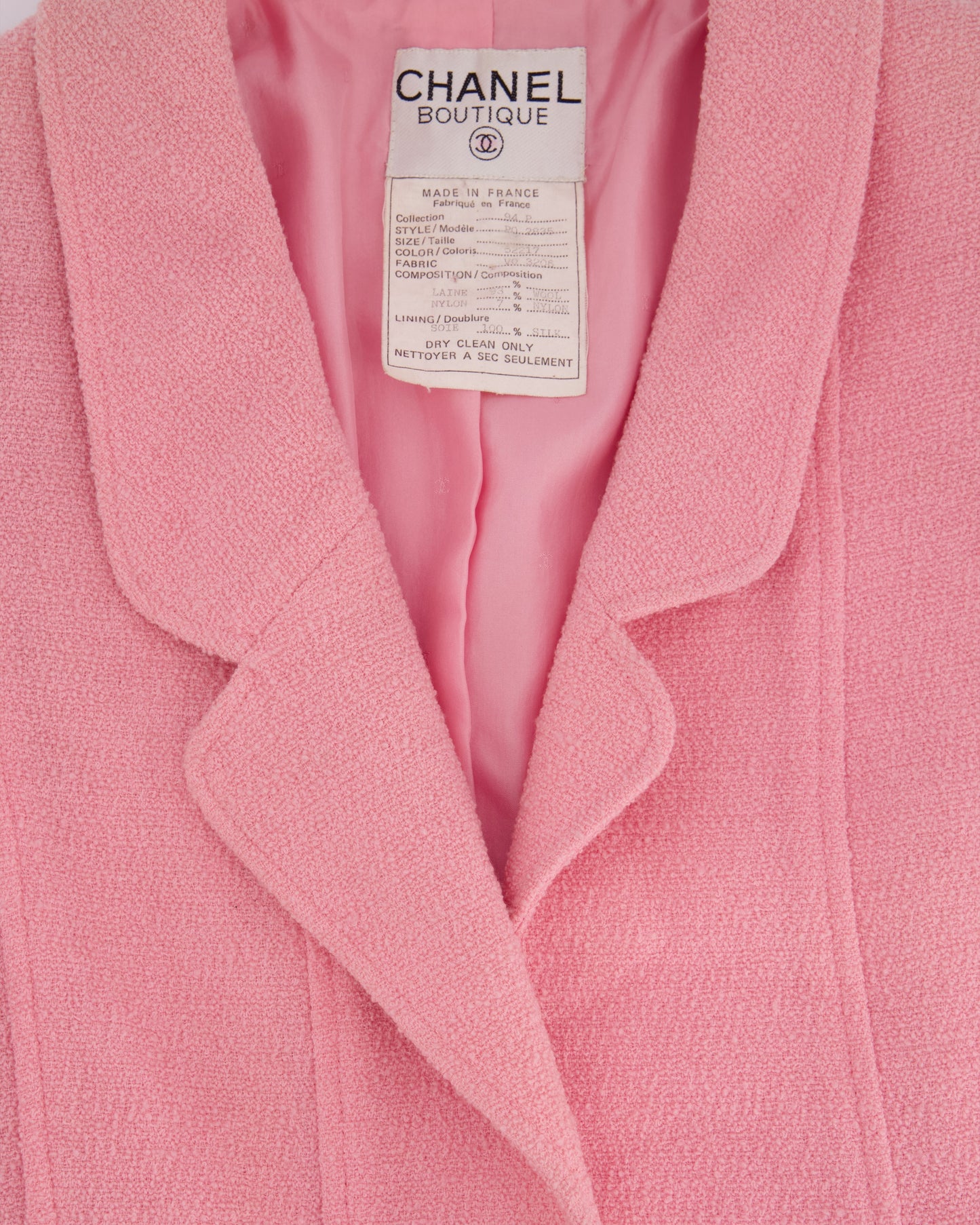 Chanel 94/P Pink Longline Tweed Jacket with Gold CC Logo Button Details, Size FR 40 (UK 12)