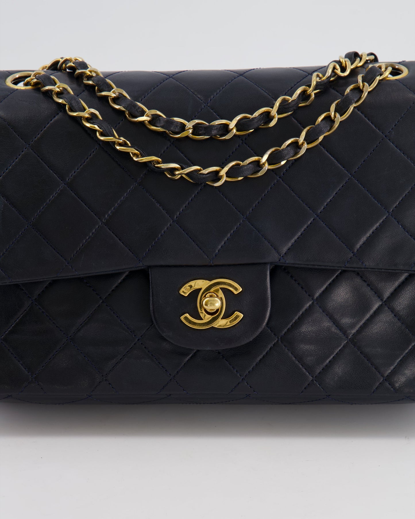 Chanel   Navy Medium Classic Double Flap Bag in Lambskin Leather with 24K Gold Hardware
