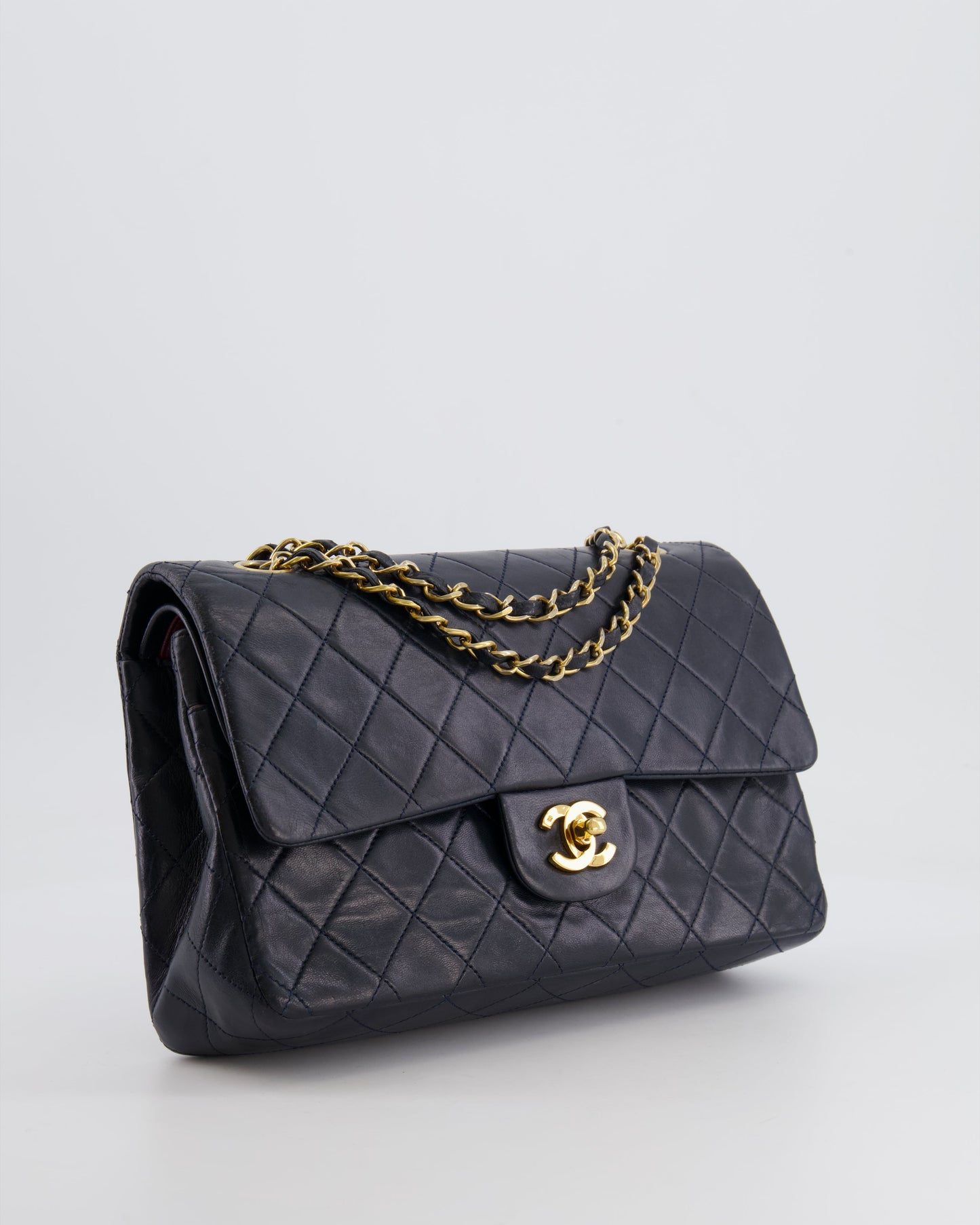 Chanel   Navy Medium Classic Double Flap Bag in Lambskin Leather with 24K Gold Hardware