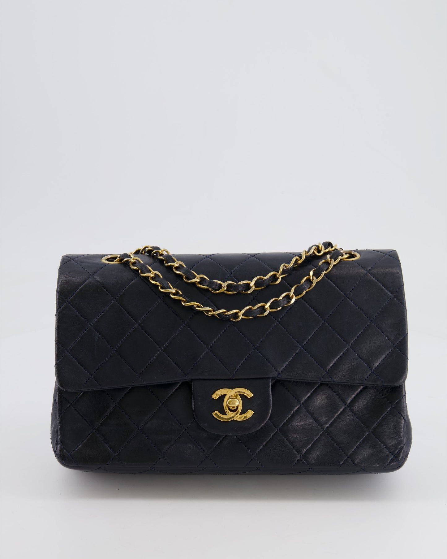Chanel   Navy Medium Classic Double Flap Bag in Lambskin Leather with 24K Gold Hardware