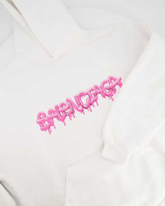 Balenciaga White Hooded Sweater with Pink Logo Size L (UK 10/12) RRP £1,100