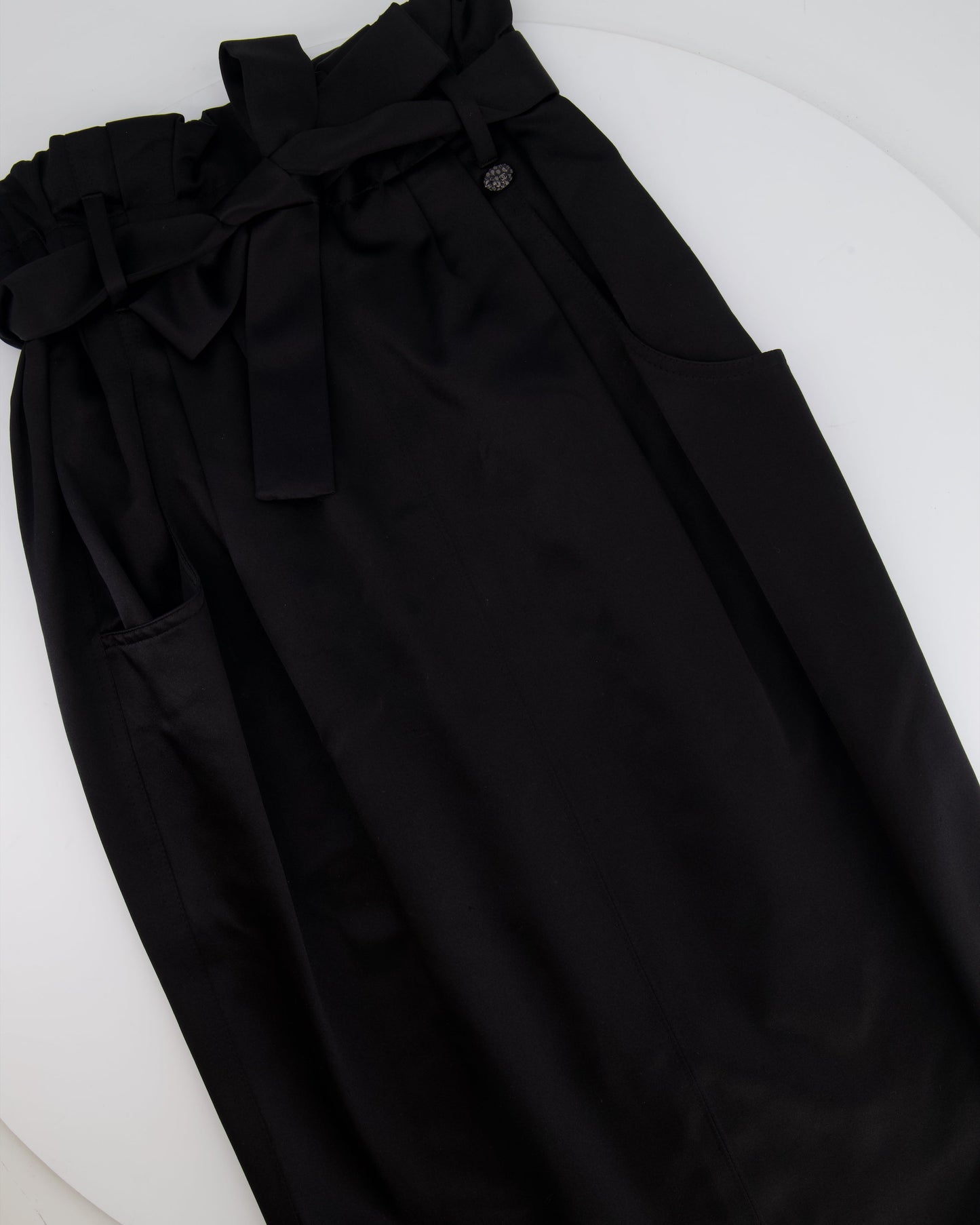 Chanel Black Satin Midi Skirt with CC Logo Detail Size FR 36 (UK 8)