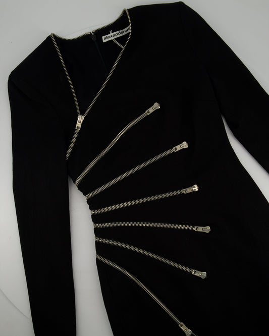 Alexander Wang Black Long-Sleeve Mini Dress with Silver Zip Detail Size US 0 (UK 4)
