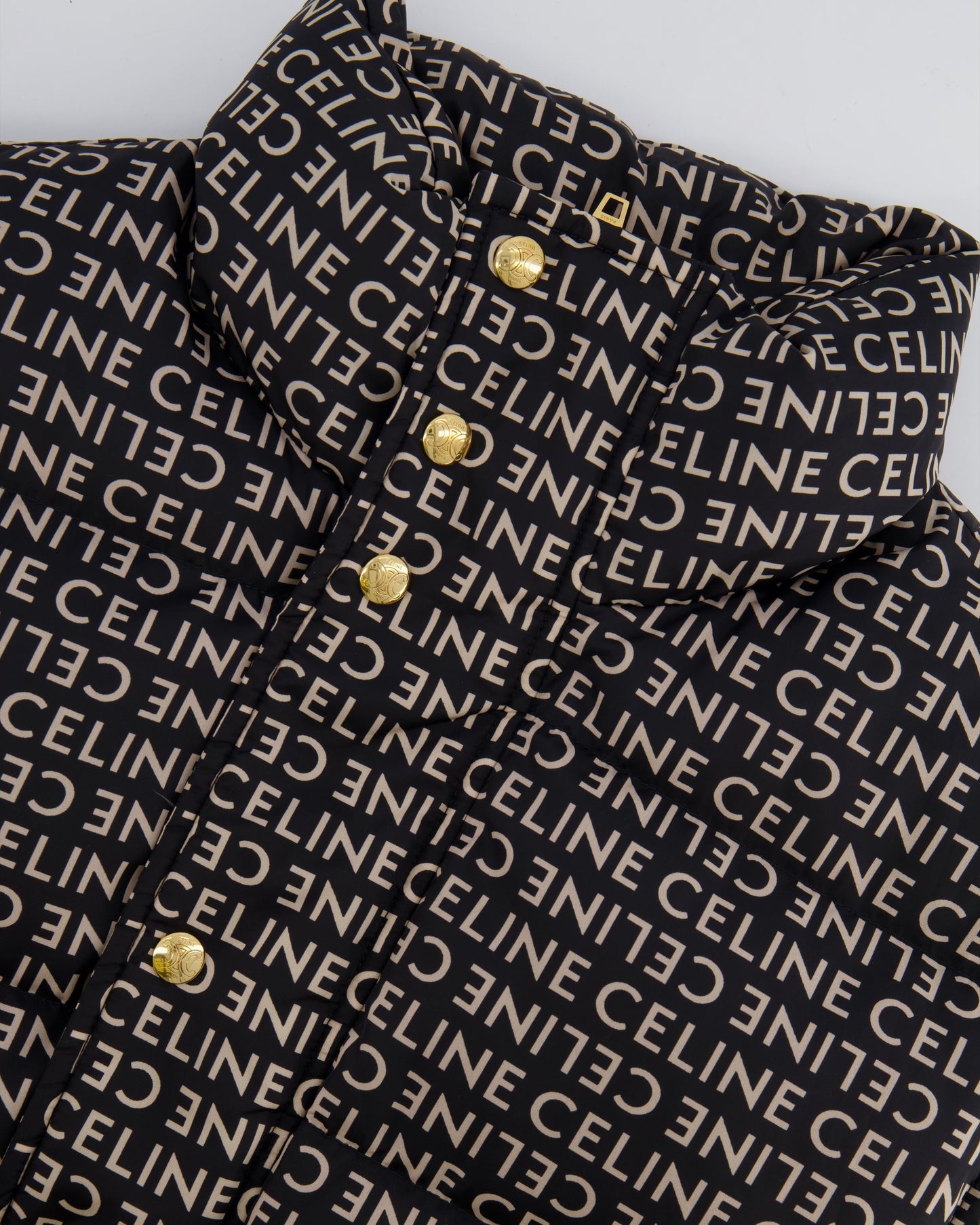 Celine Black and Beige Sleeveless Puffer Jacket with Logo Prints Size XS (UK 6)