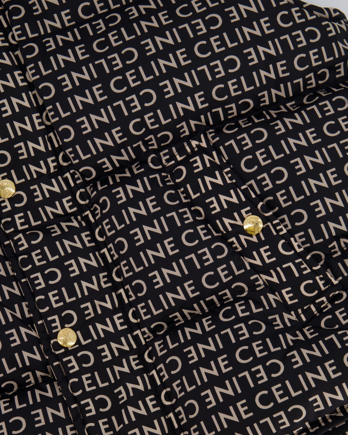 Celine Black and Beige Sleeveless Puffer Jacket with Logo Prints Size XS (UK 6)