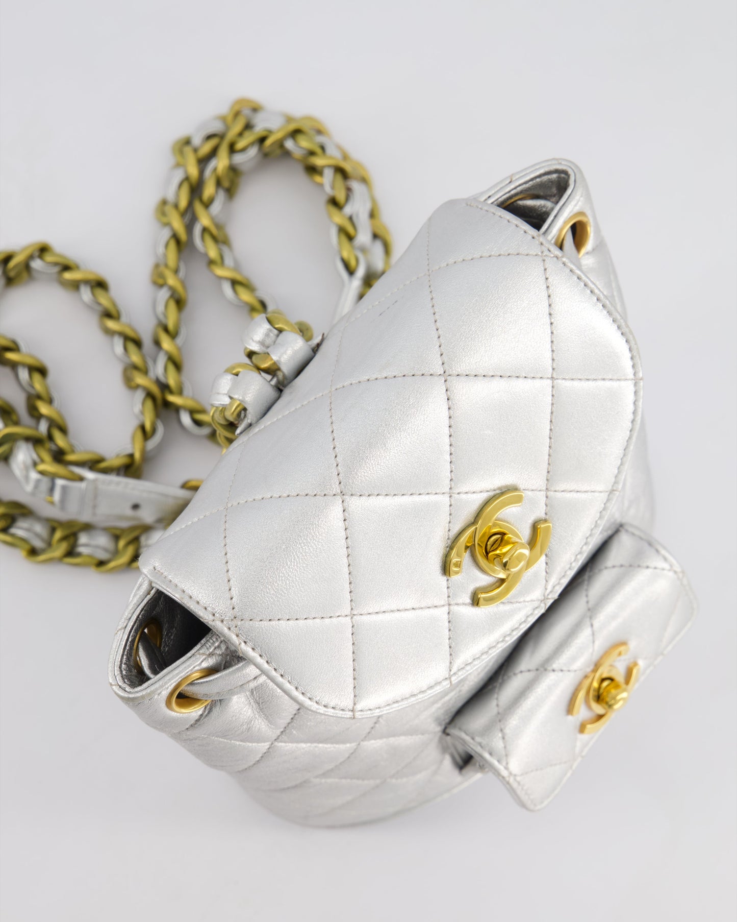 *RARE* Chanel Metallic Silver   Mini Duma Backpack Bag in Lambskin Leather with 24K Gold Hardware