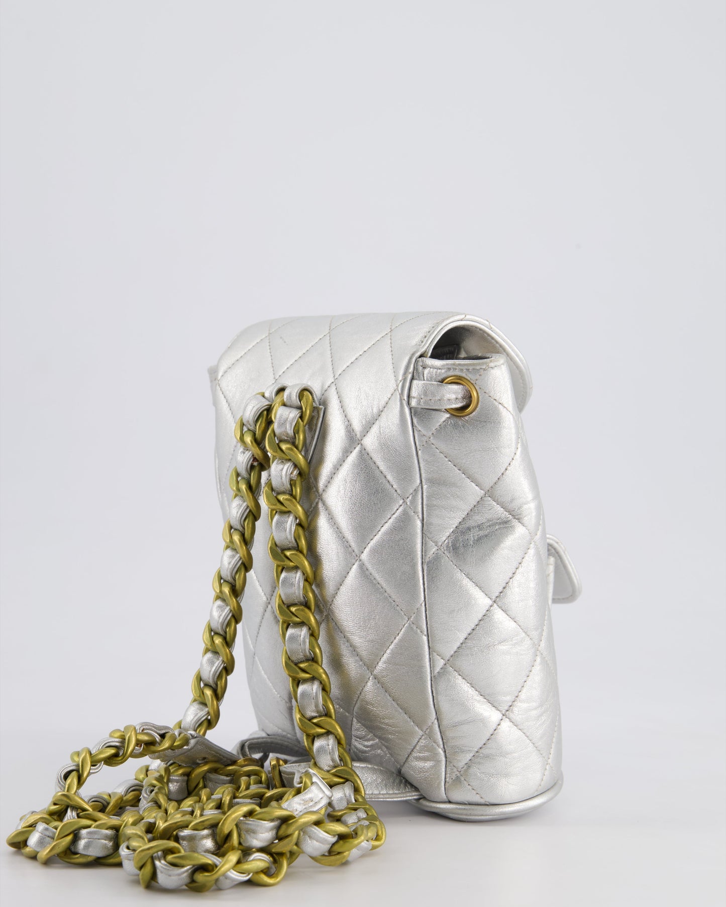 *RARE* Chanel Metallic Silver   Mini Duma Backpack Bag in Lambskin Leather with 24K Gold Hardware