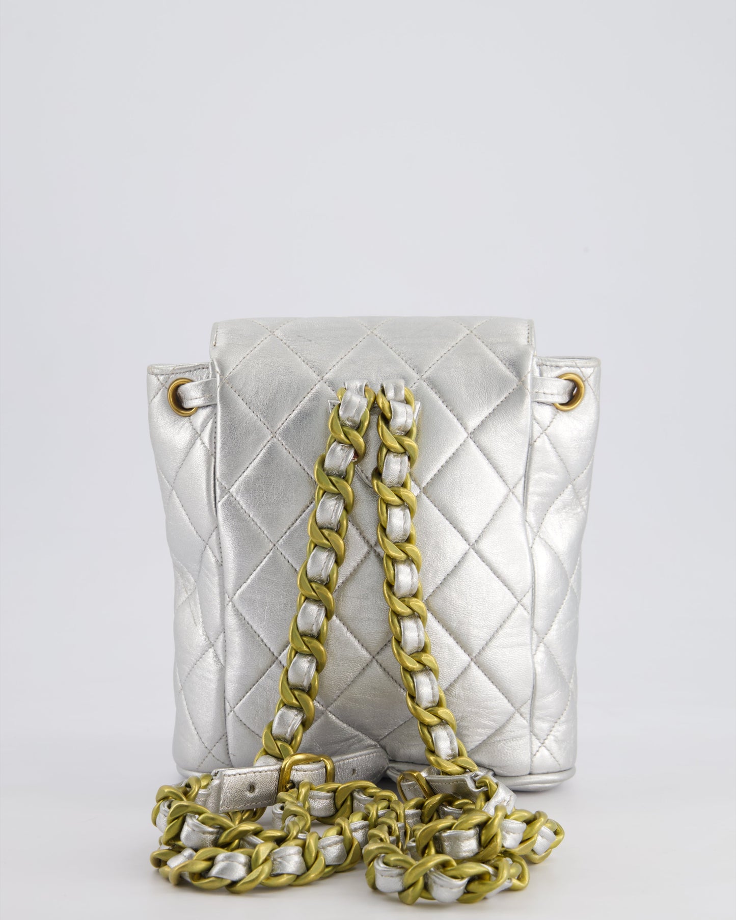 *RARE* Chanel Metallic Silver   Mini Duma Backpack Bag in Lambskin Leather with 24K Gold Hardware