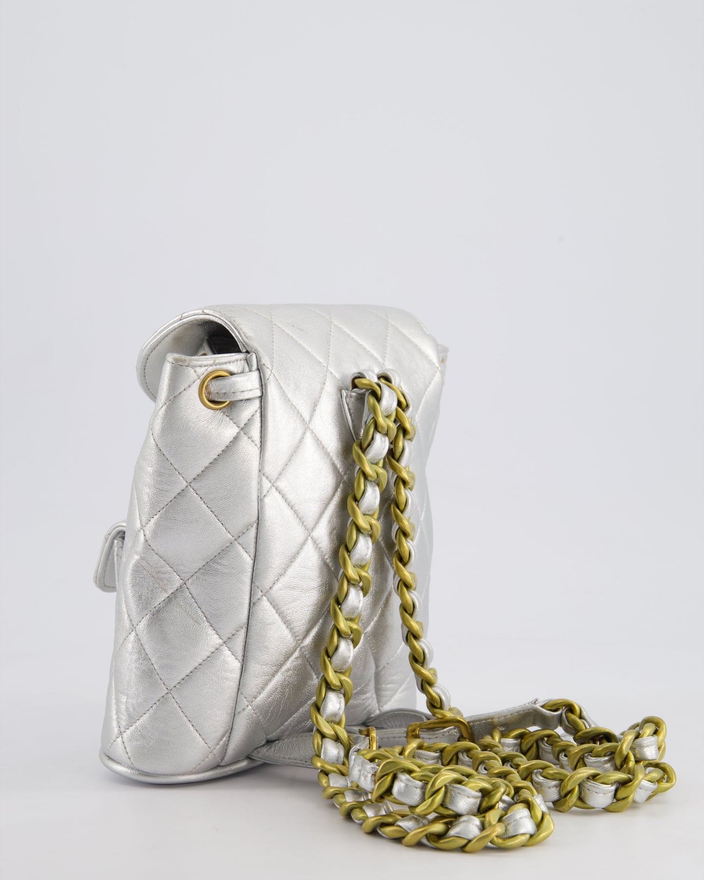 *RARE* Chanel Metallic Silver   Mini Duma Backpack Bag in Lambskin Leather with 24K Gold Hardware