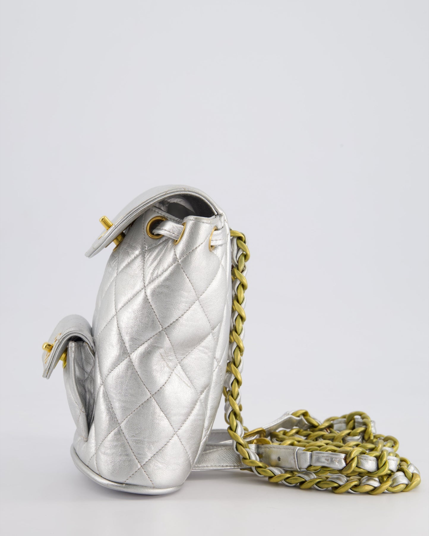 *RARE* Chanel Metallic Silver   Mini Duma Backpack Bag in Lambskin Leather with 24K Gold Hardware