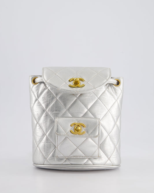 *RARE* Chanel Metallic Silver   Mini Duma Backpack Bag in Lambskin Leather with 24K Gold Hardware
