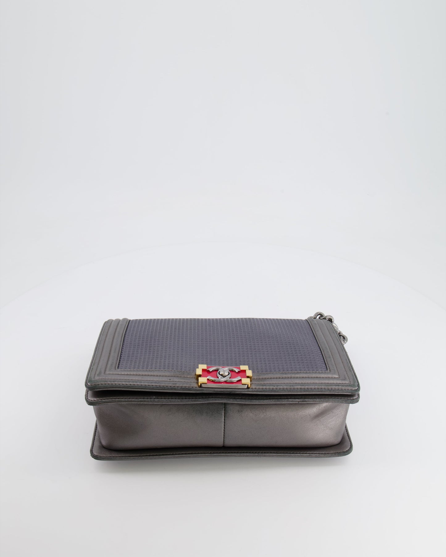 Chanel Grey Silver Medium Cube Calfskin Boy Bag with Silver, Gold and Red Hardware