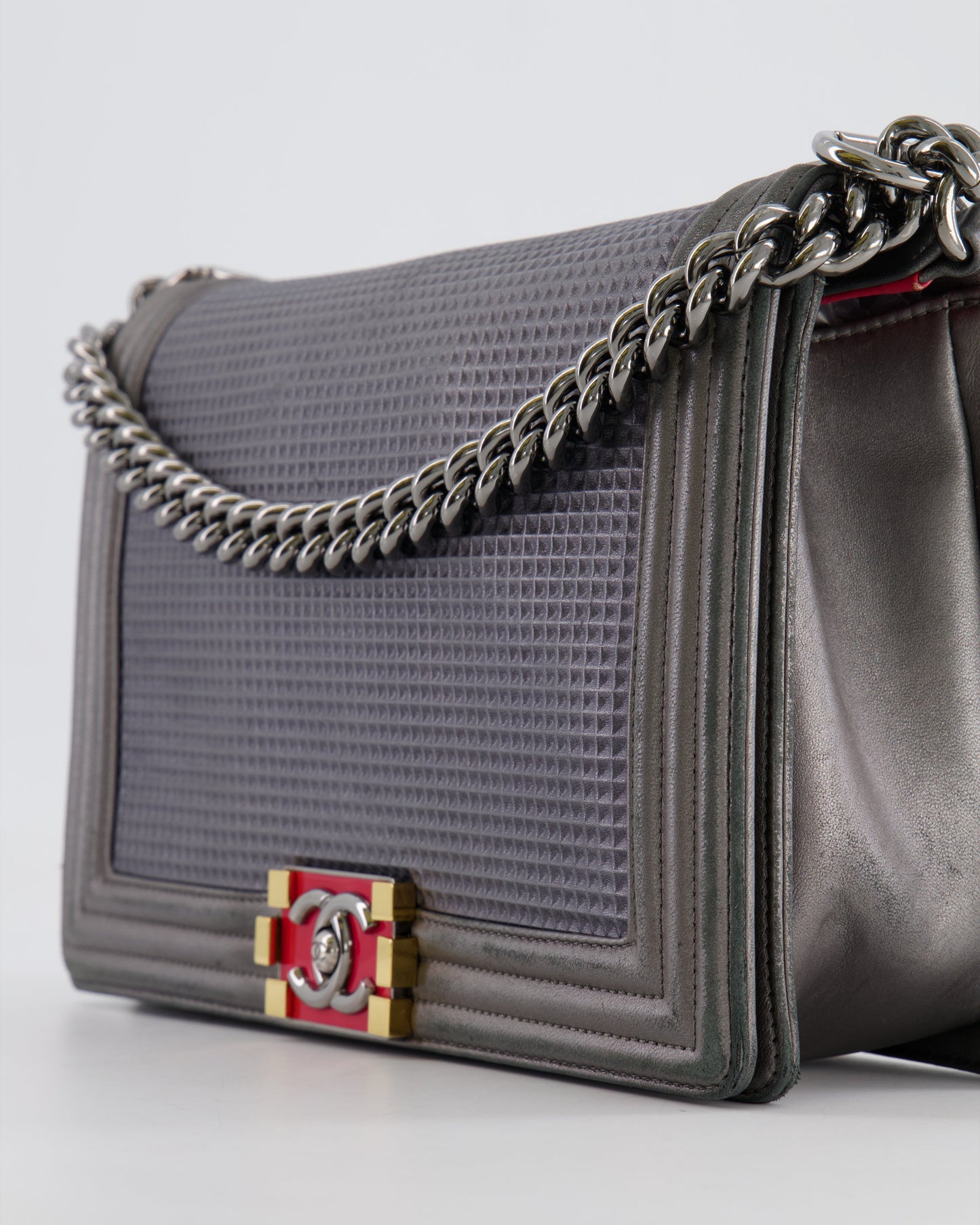 Chanel Grey Silver Medium Cube Calfskin Boy Bag with Silver, Gold and Red Hardware