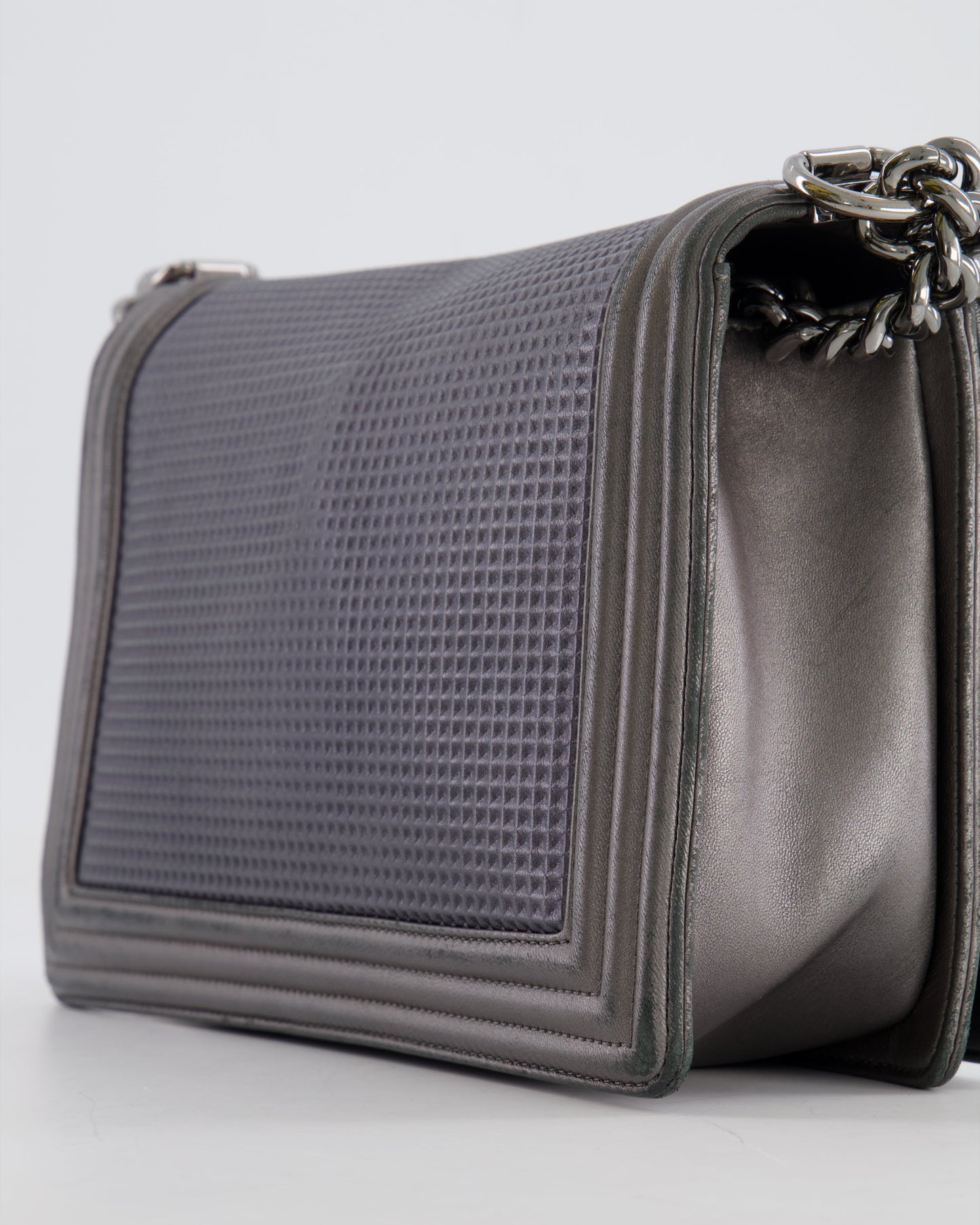 Chanel Grey Silver Medium Cube Calfskin Boy Bag with Silver, Gold and Red Hardware