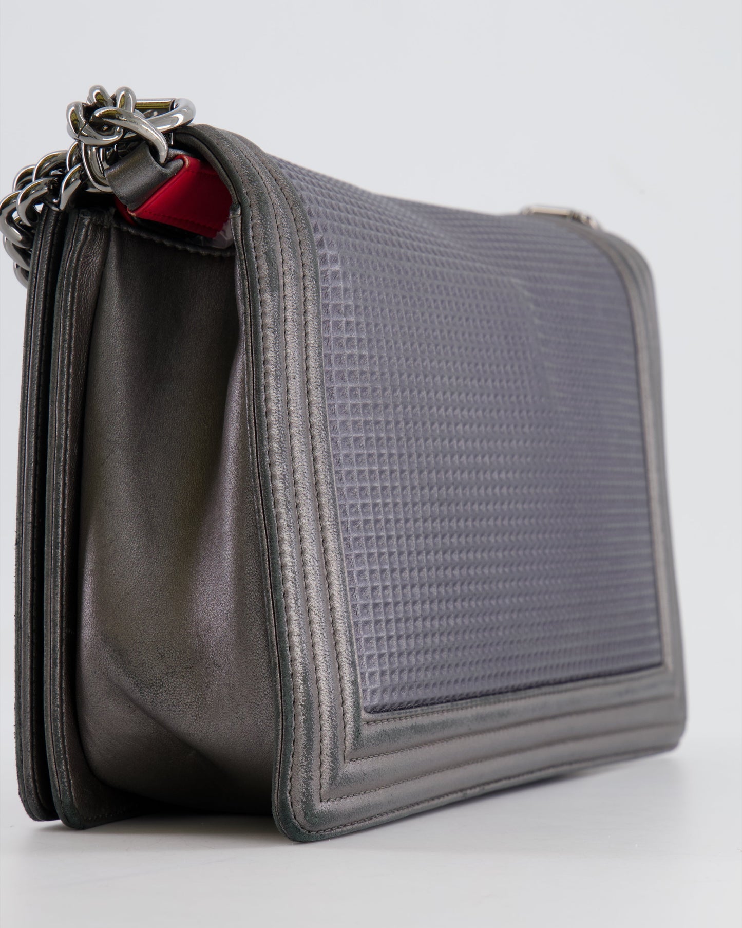 Chanel Grey Silver Medium Cube Calfskin Boy Bag with Silver, Gold and Red Hardware
