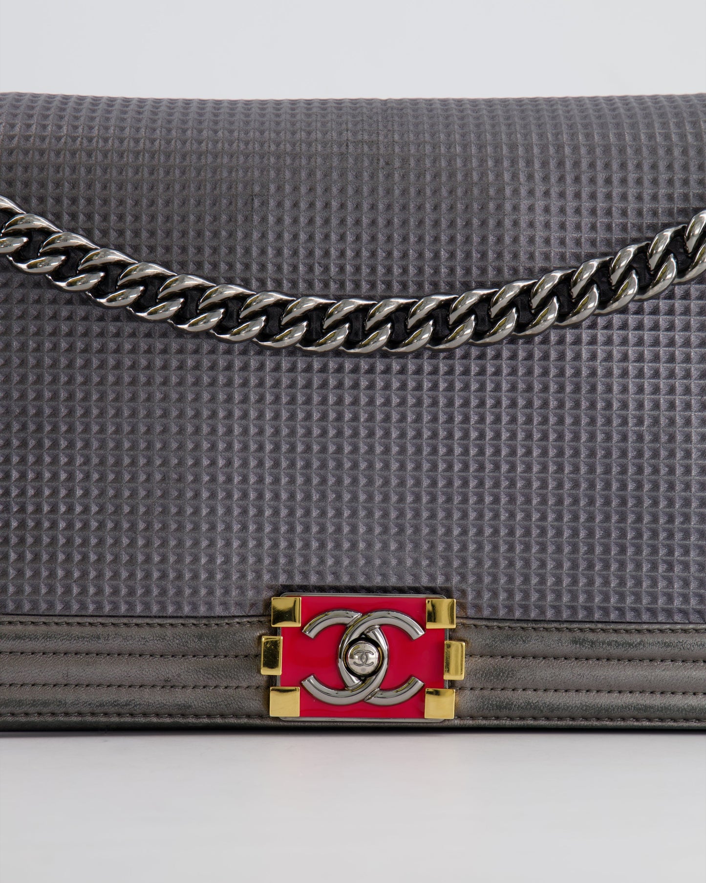 Chanel Grey Silver Medium Cube Calfskin Boy Bag with Silver, Gold and Red Hardware