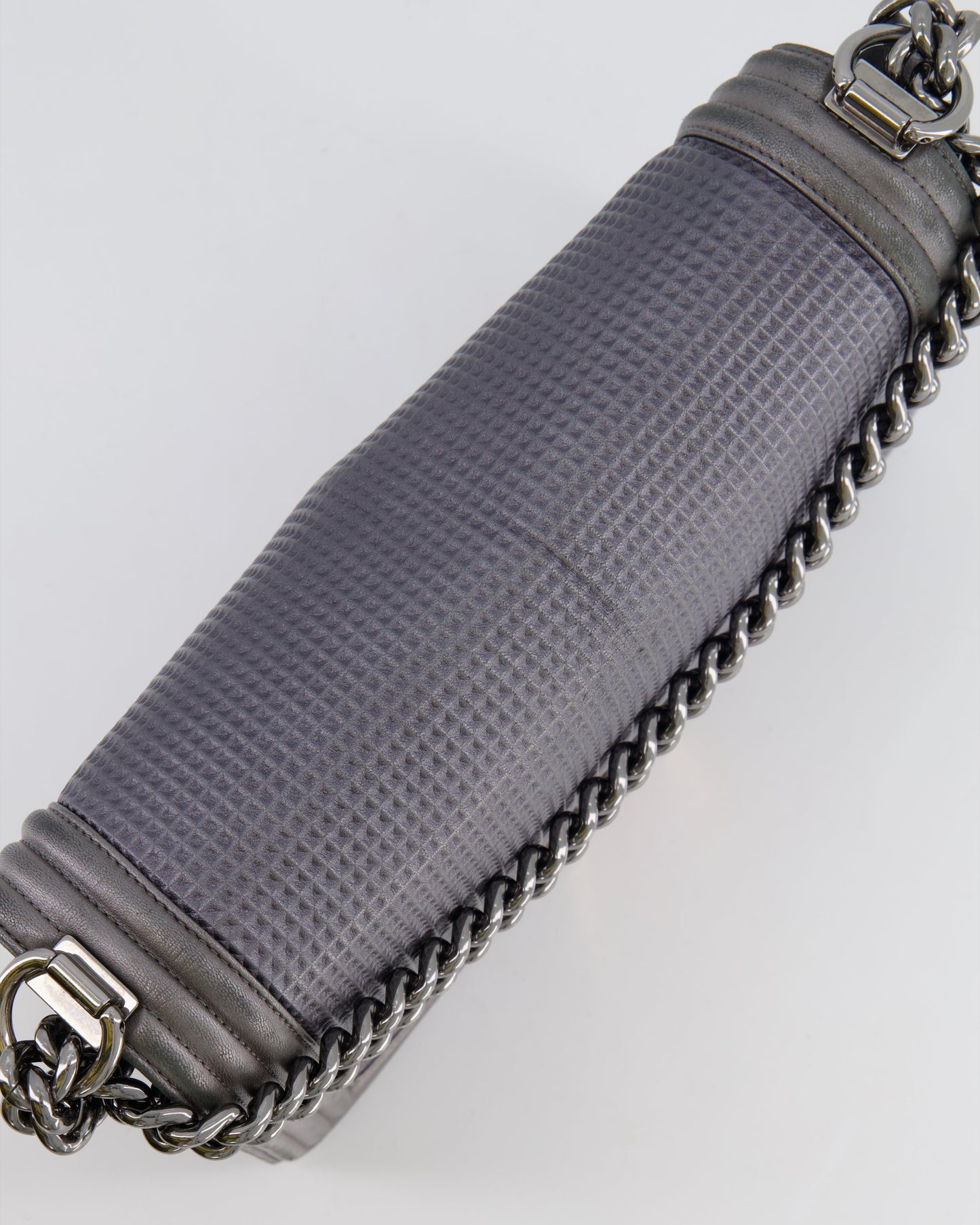 Chanel Grey Silver Medium Cube Calfskin Boy Bag with Silver, Gold and Red Hardware