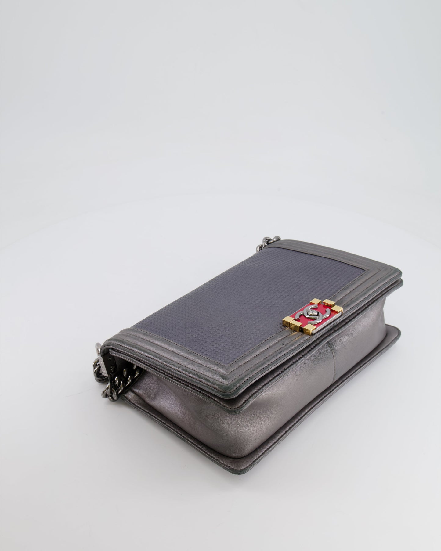 Chanel Grey Silver Medium Cube Calfskin Boy Bag with Silver, Gold and Red Hardware
