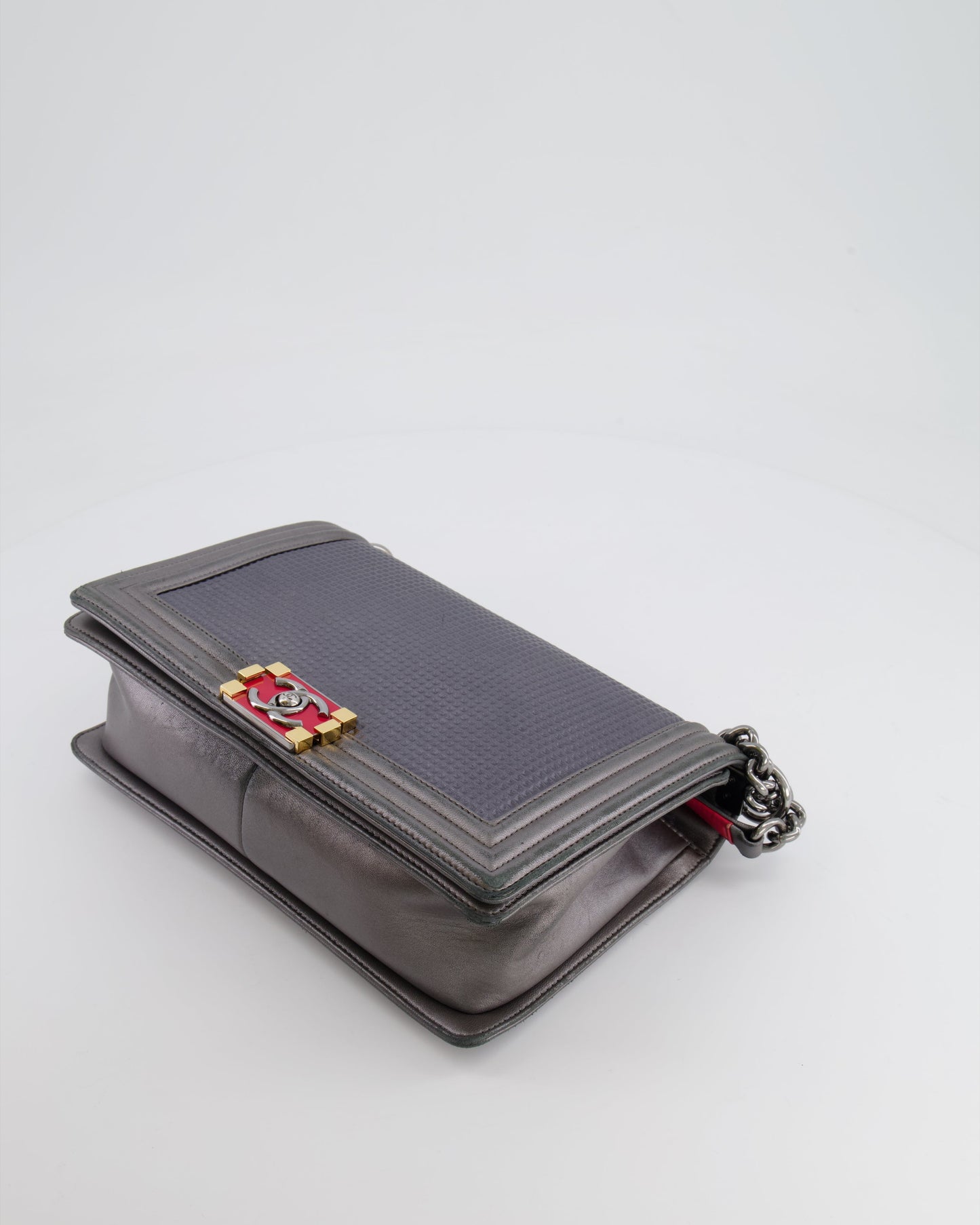 Chanel Grey Silver Medium Cube Calfskin Boy Bag with Silver, Gold and Red Hardware