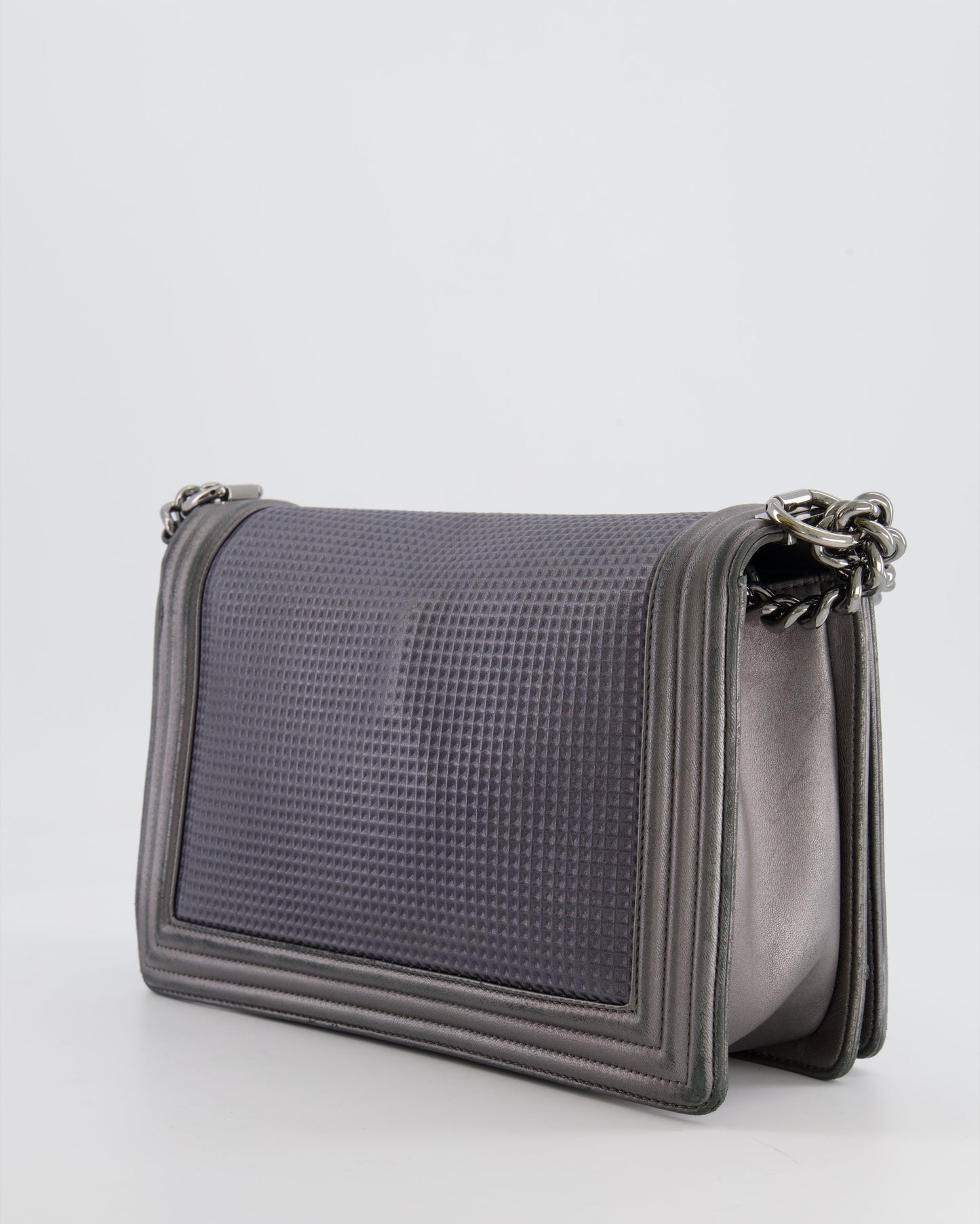 Chanel Grey Silver Medium Cube Calfskin Boy Bag with Silver, Gold and Red Hardware