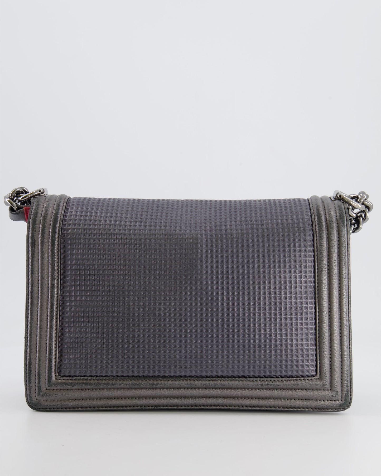 Chanel Grey Silver Medium Cube Calfskin Boy Bag with Silver, Gold and Red Hardware