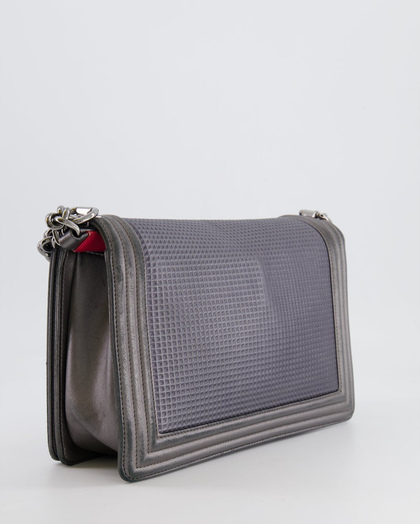 Chanel Grey Silver Medium Cube Calfskin Boy Bag with Silver, Gold and Red Hardware
