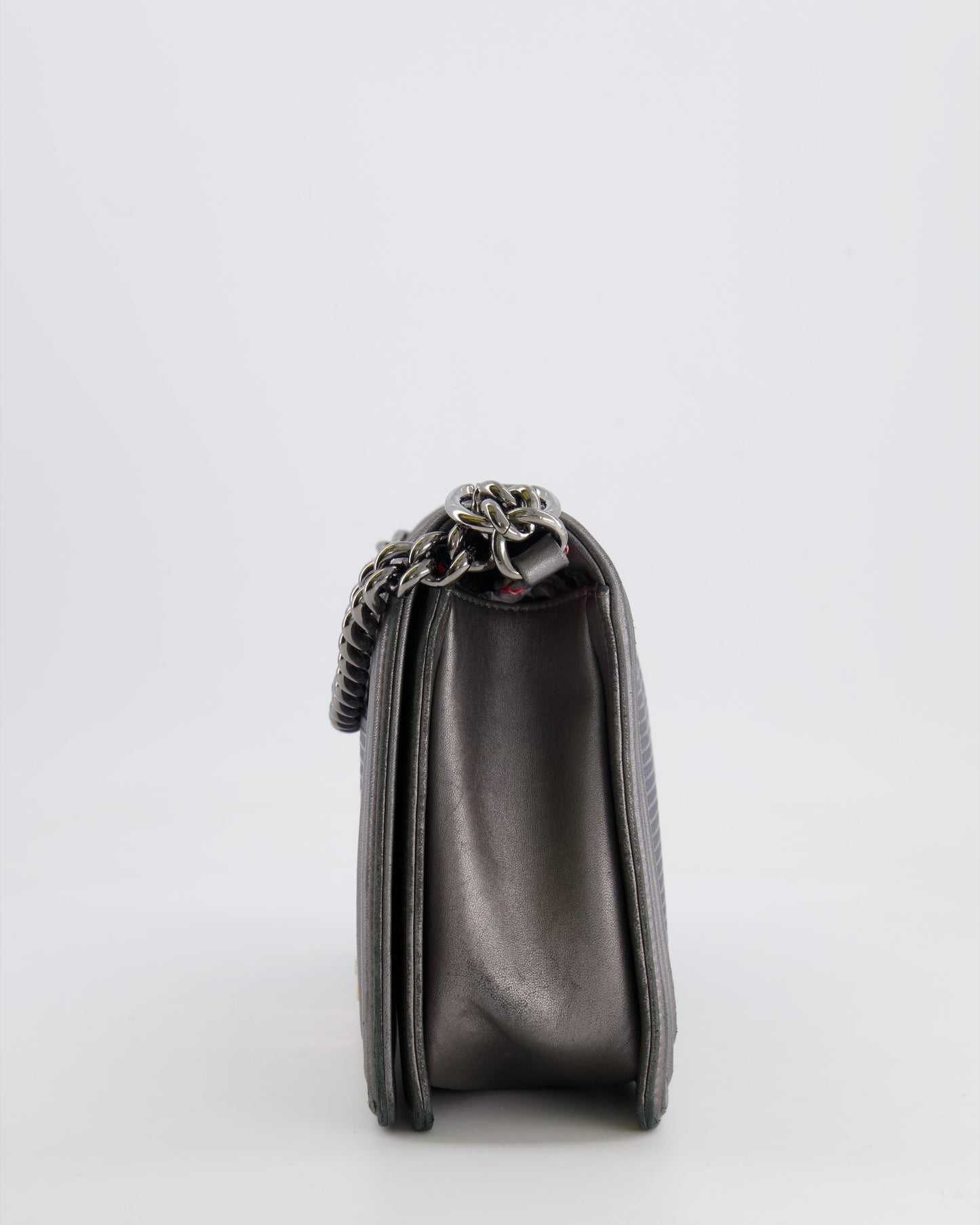 Chanel Grey Silver Medium Cube Calfskin Boy Bag with Silver, Gold and Red Hardware