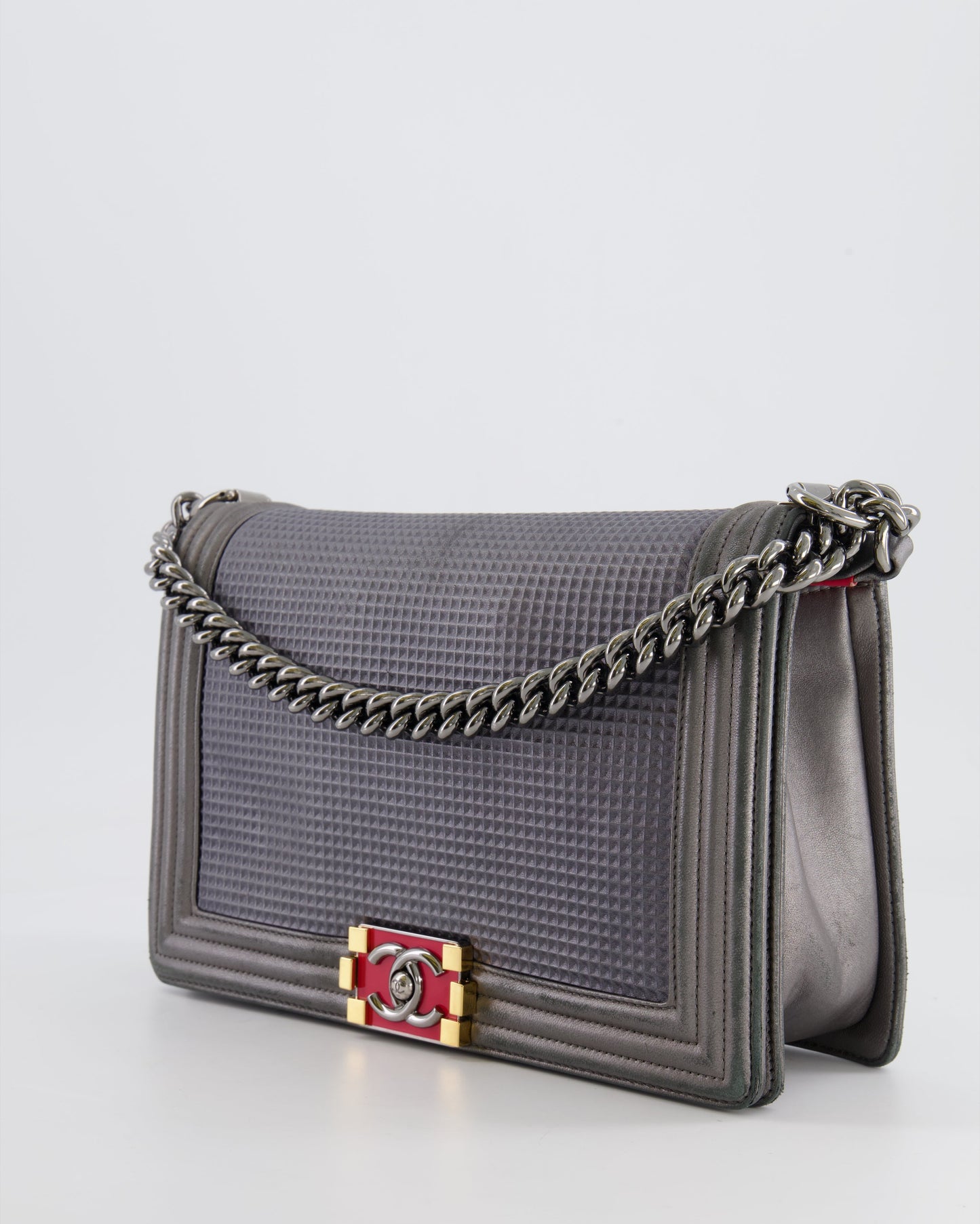 Chanel Grey Silver Medium Cube Calfskin Boy Bag with Silver, Gold and Red Hardware