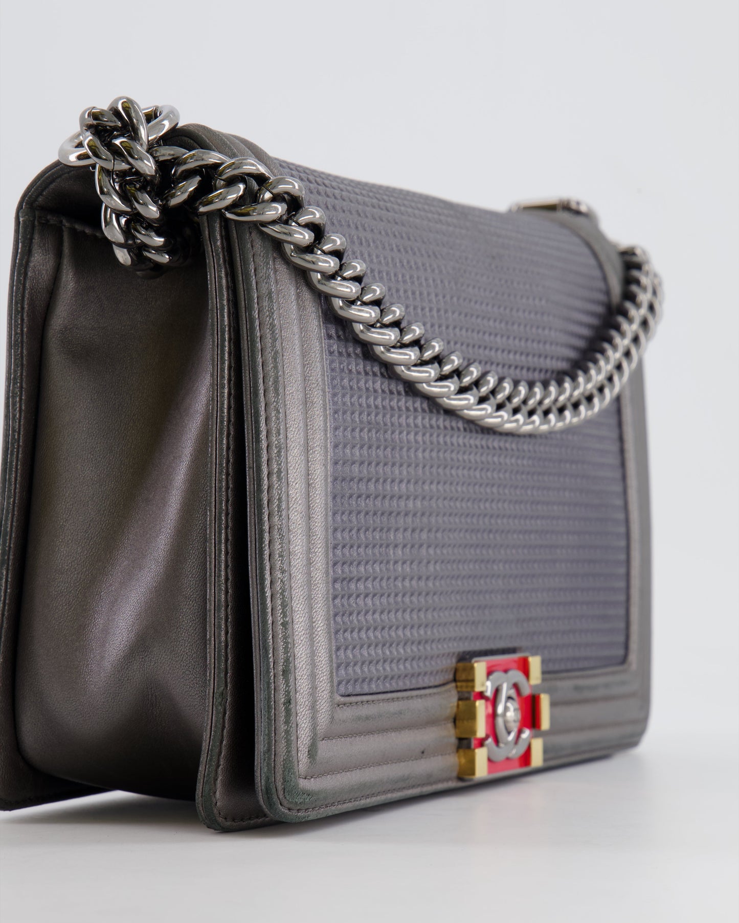 Chanel Grey Silver Medium Cube Calfskin Boy Bag with Silver, Gold and Red Hardware