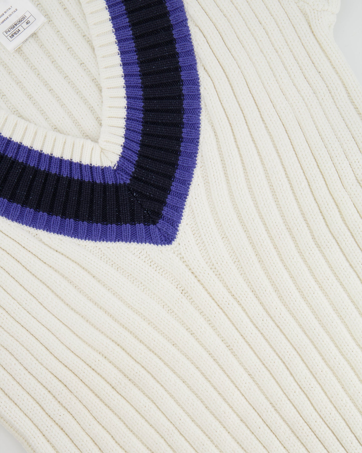 Chanel Resort 2014 White, Black and Navy V Neck Knit Jumper with CC Button Details Size FR 40 (UK 12)
