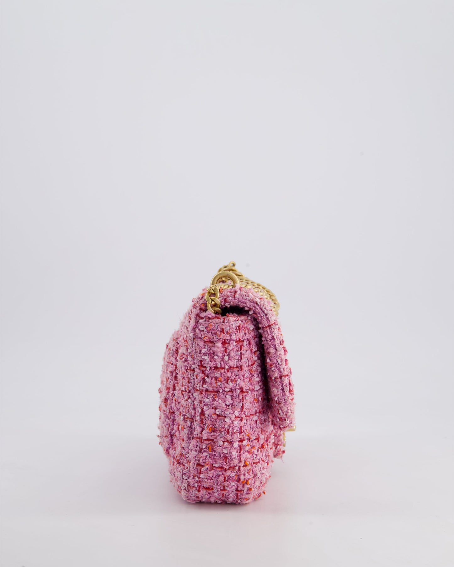 Chanel Pink & Lilac Tweed Seasonal Single Flap Bag with Brushed Gold Hardware & Pink CC Logo
