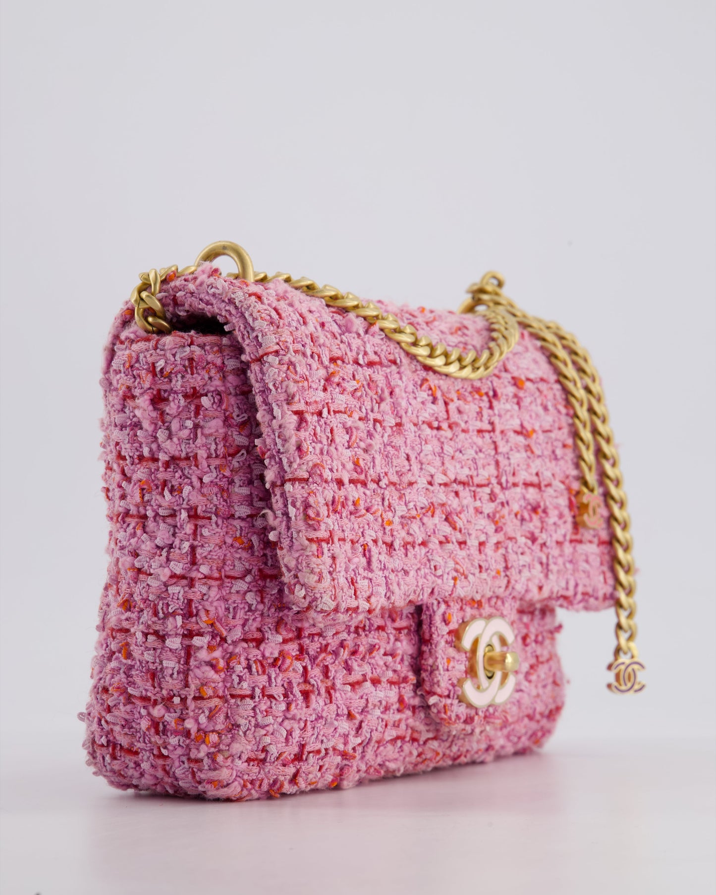 Chanel Pink & Lilac Tweed Seasonal Single Flap Bag with Brushed Gold Hardware & Pink CC Logo