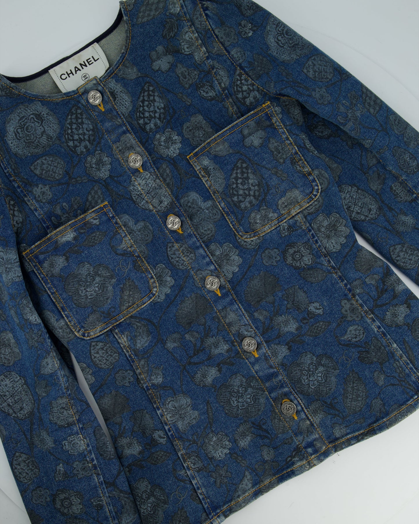 Chanel 21/A Flower Printed Denim Jacket with Silver CC Button Details Size FR 38 (UK 10)