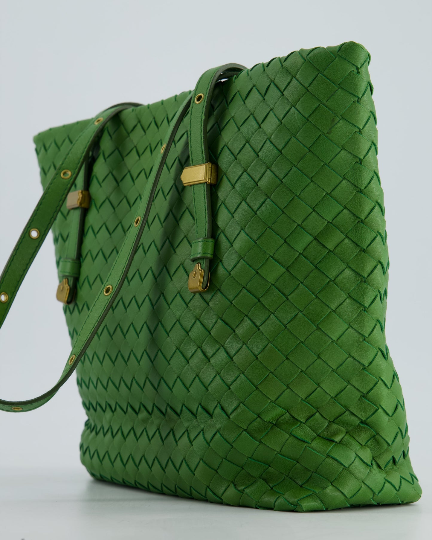 Bottega Veneta Small Parachute Bag in Green Intrecciato Leather with Gold Hardware