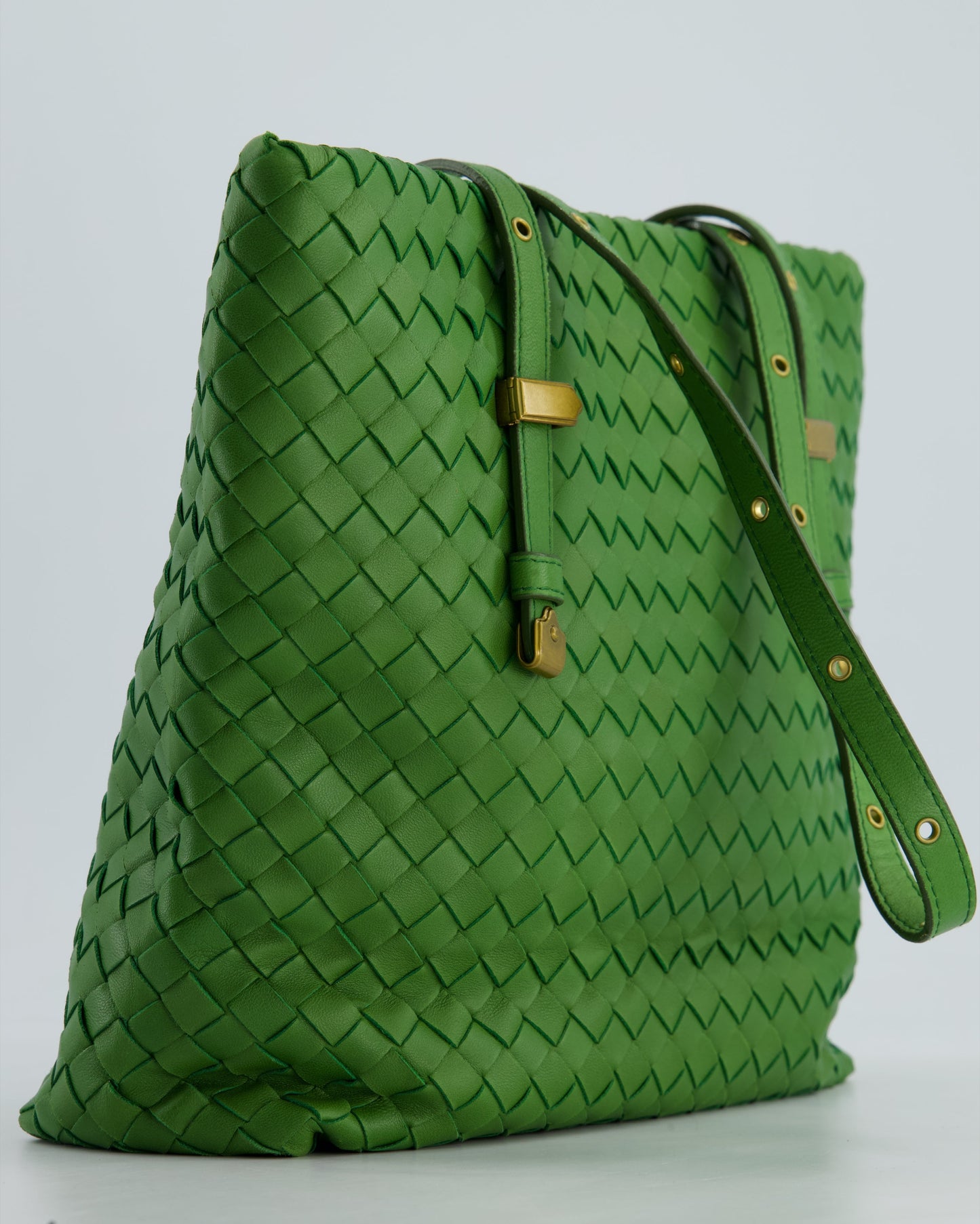 Bottega Veneta Small Parachute Bag in Green Intrecciato Leather with Gold Hardware